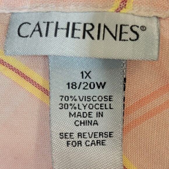 Catherines Button Down Shirt Plus Size 1X Pink Tan Plaid Roll Tab Sleeve Women's - Picture 2 of 9